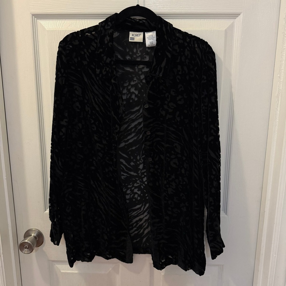 Vtg Koret Womens 16W Black Burnout Velvet Animal Print Sheer Button Up Shirt Top